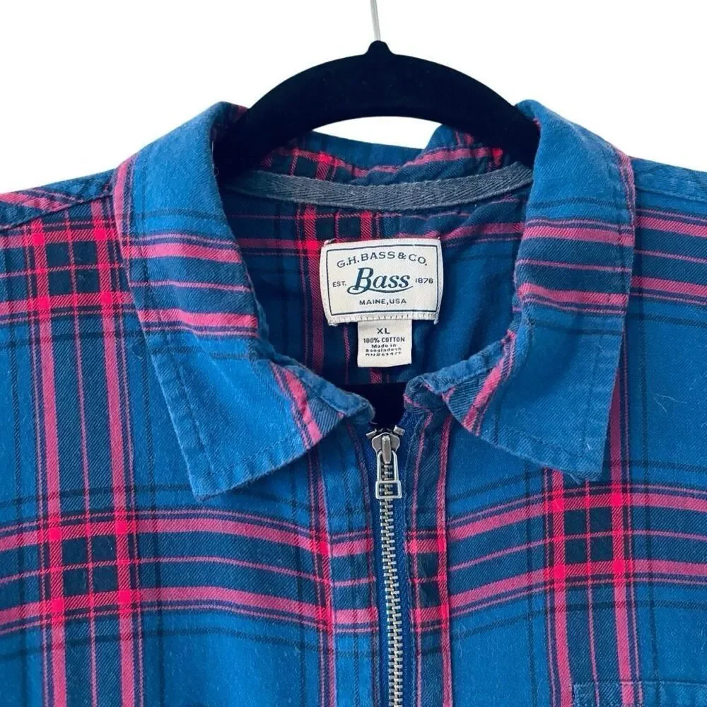 G. H. Bass & co. XL cotton plaid flannel quarter zip blue & red collar shirt